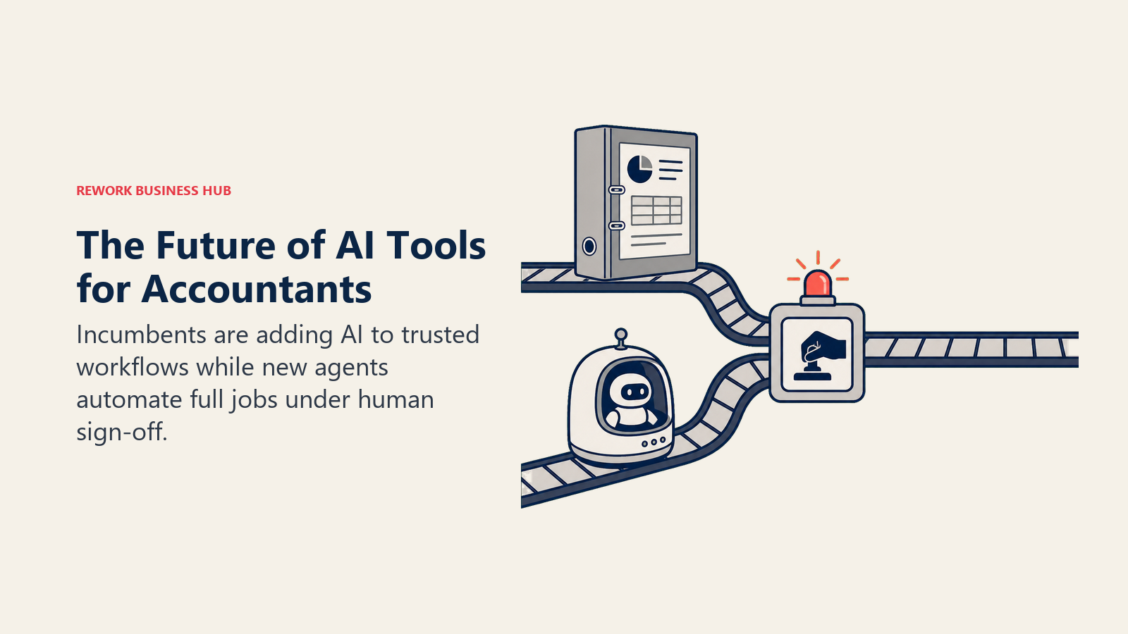 The Future of AI Tools for Accountants illustrated with a sturdy legacy workflow track and an autonomous agent track converging at a human approval gate