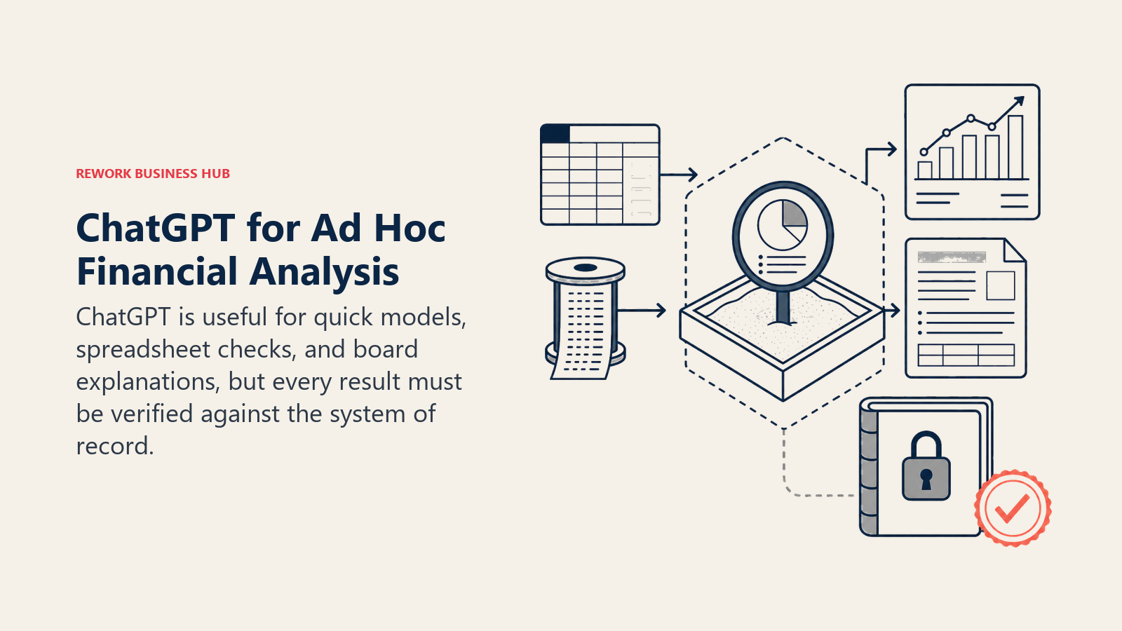 ChatGPT for Ad Hoc Financial Analysis, illustrated with spreadsheet and CSV entering a sandbox lens beside a locked ledger