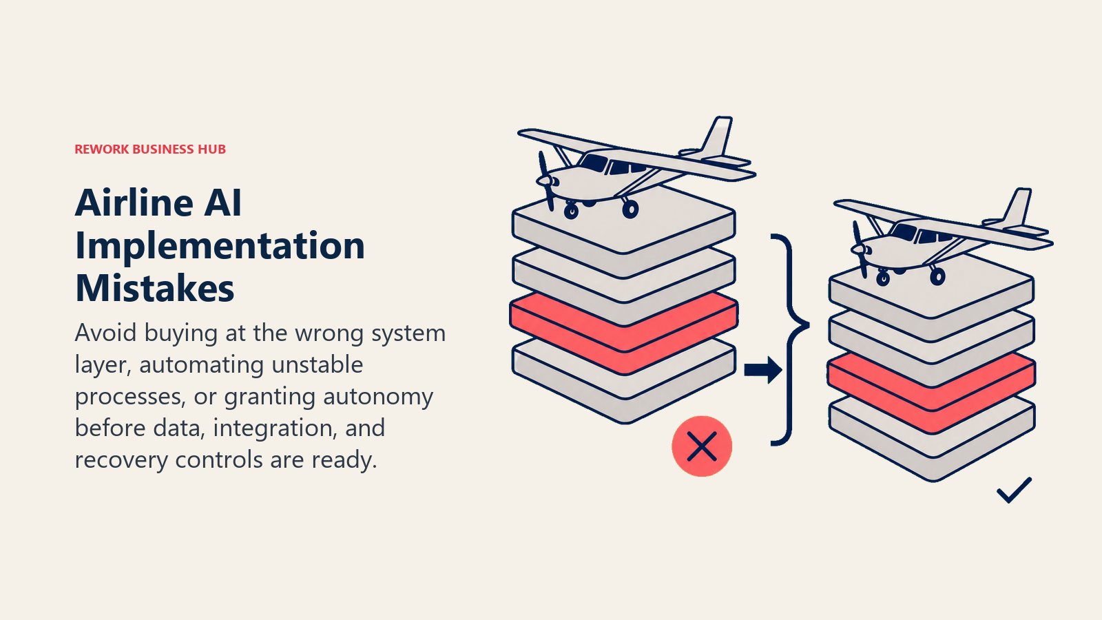 Airline AI Implementation Mistakes illustrated by misaligned control stack under aircraft