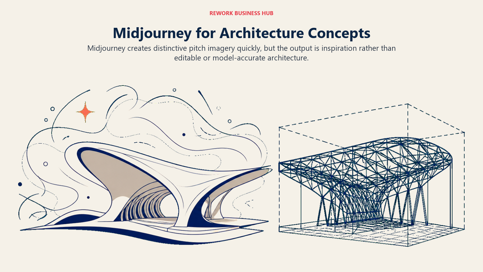 Midjourney for Architecture Concepts illustrated by expressive concept cloud beside precise model cage