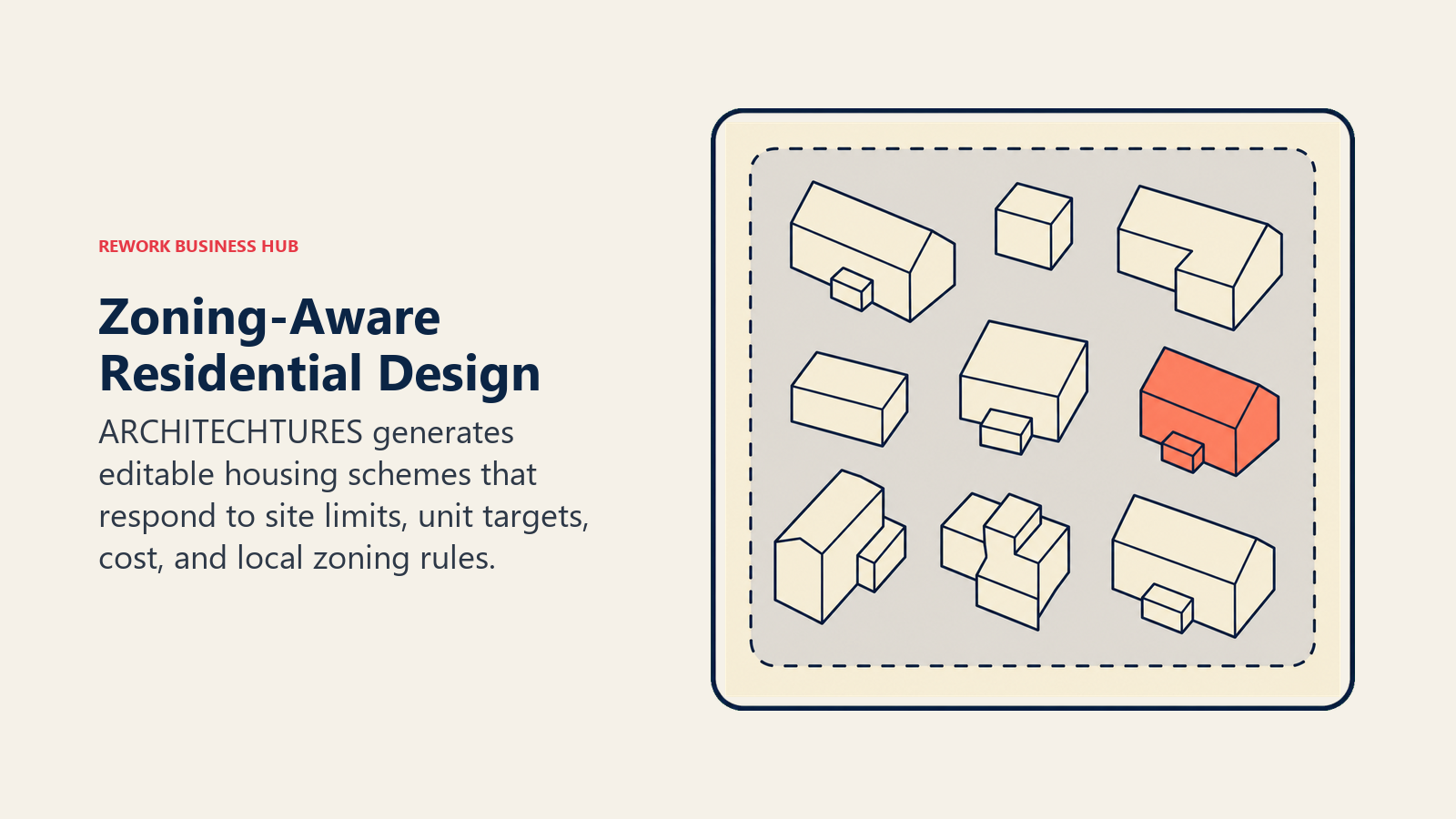 Zoning-Aware Residential Design illustrated by zoning frame shaping housing blocks