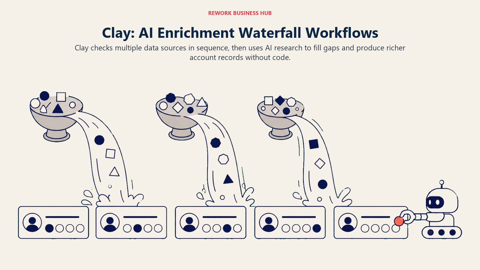 Clay: AI Enrichment Waterfall Workflows shown as wide enrichment waterfall filling incomplete account rows.