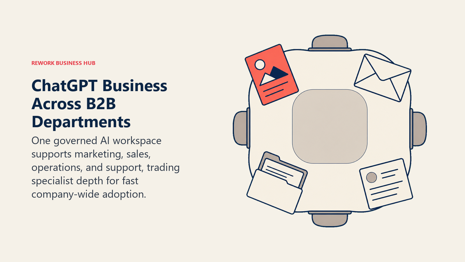 ChatGPT Business Across B2B Departments shown as shared AI worktable with four department artifacts.
