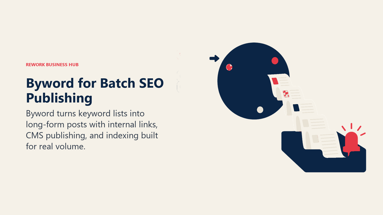 Byword for Batch SEO Publishing shown as batch feed wheel into publishing trays