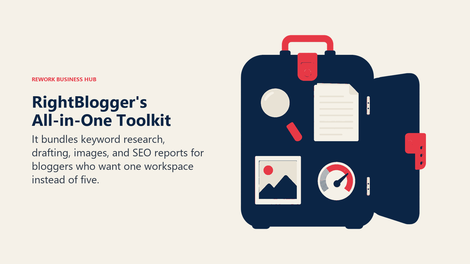 RightBlogger's All-in-One Toolkit shown as one organized tool cabinet