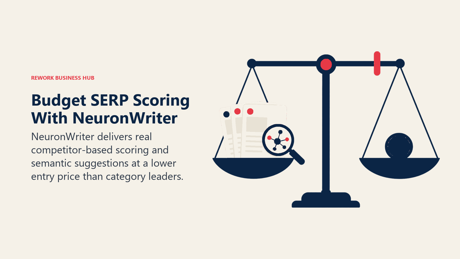 Budget SERP Scoring With NeuronWriter shown as balanced scale with search evidence and small budget token