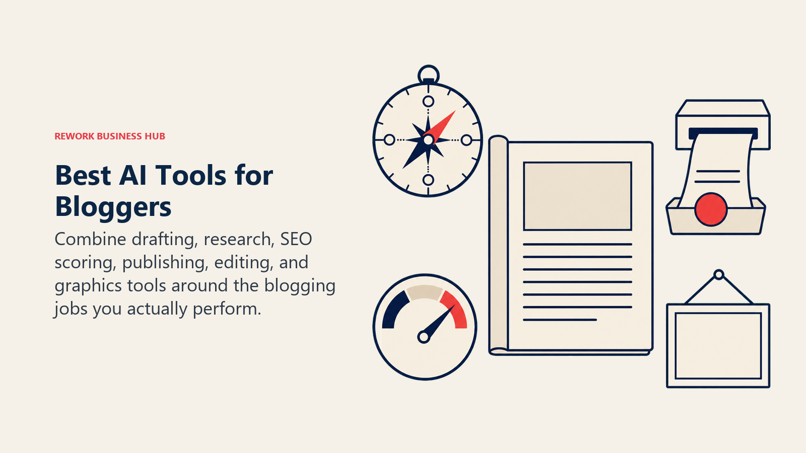 Best AI tools for bloggers shown as an editorial desk for drafting, SEO scoring, publishing, editing, and graphics