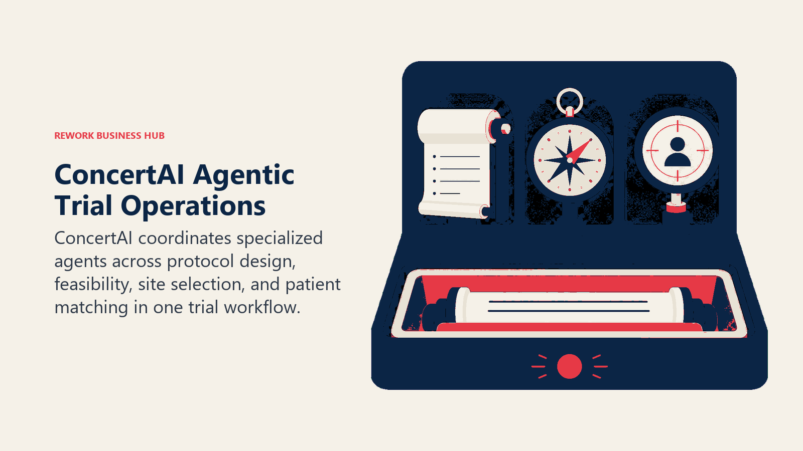 ConcertAI agentic trial operations shown as specialized protocol, site, and matching tools on one workbench