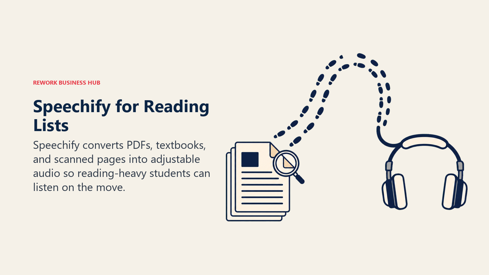 Speechify for Reading Lists shown as reading stack transforming into headphones on a walking route