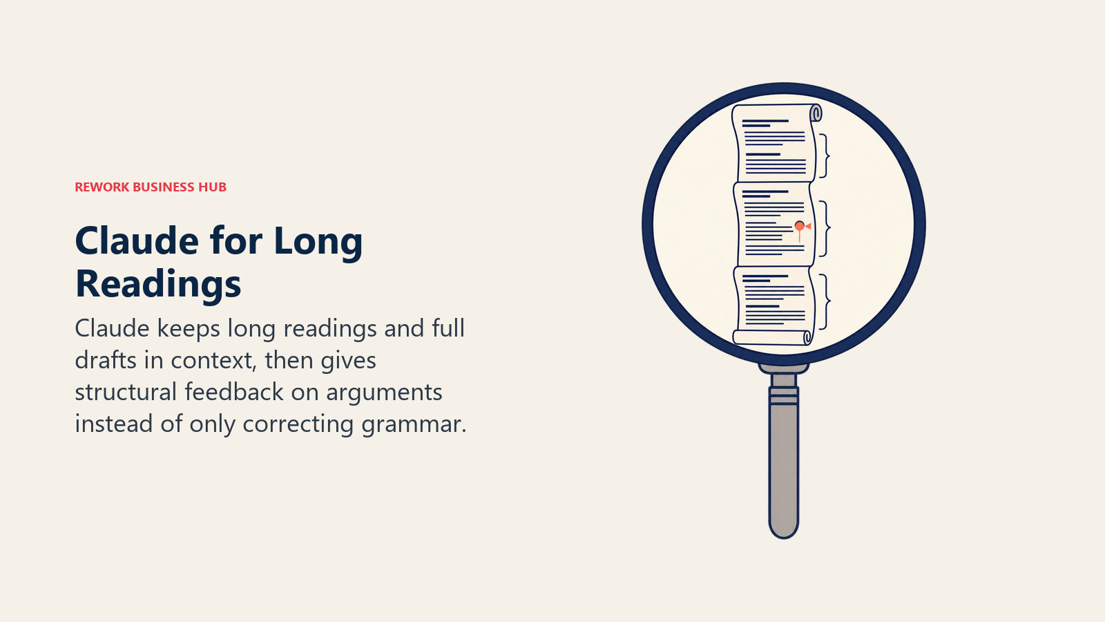 Claude for Long Readings shown as long scroll held open by a careful feedback lens