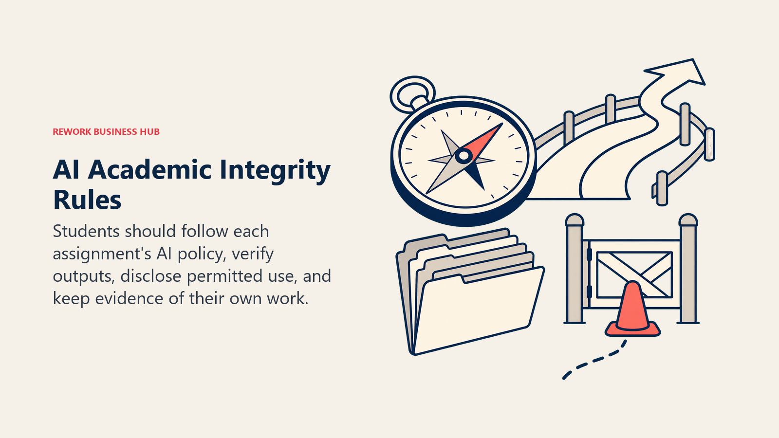 AI Academic Integrity Rules shown as syllabus compass beside an evidence folder and caution gate