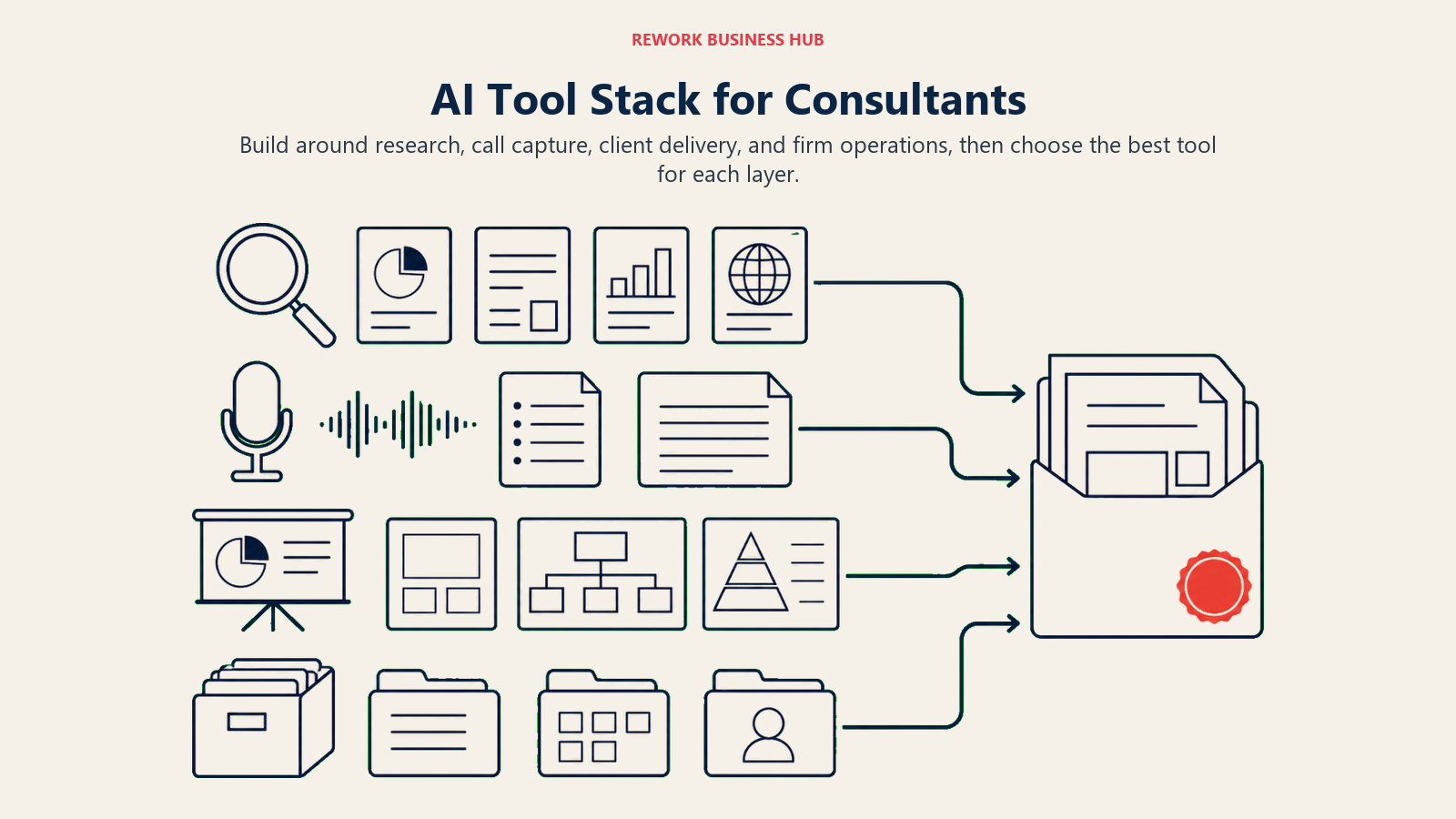 Four-layer AI tool stack for consulting research, calls, delivery, and operations