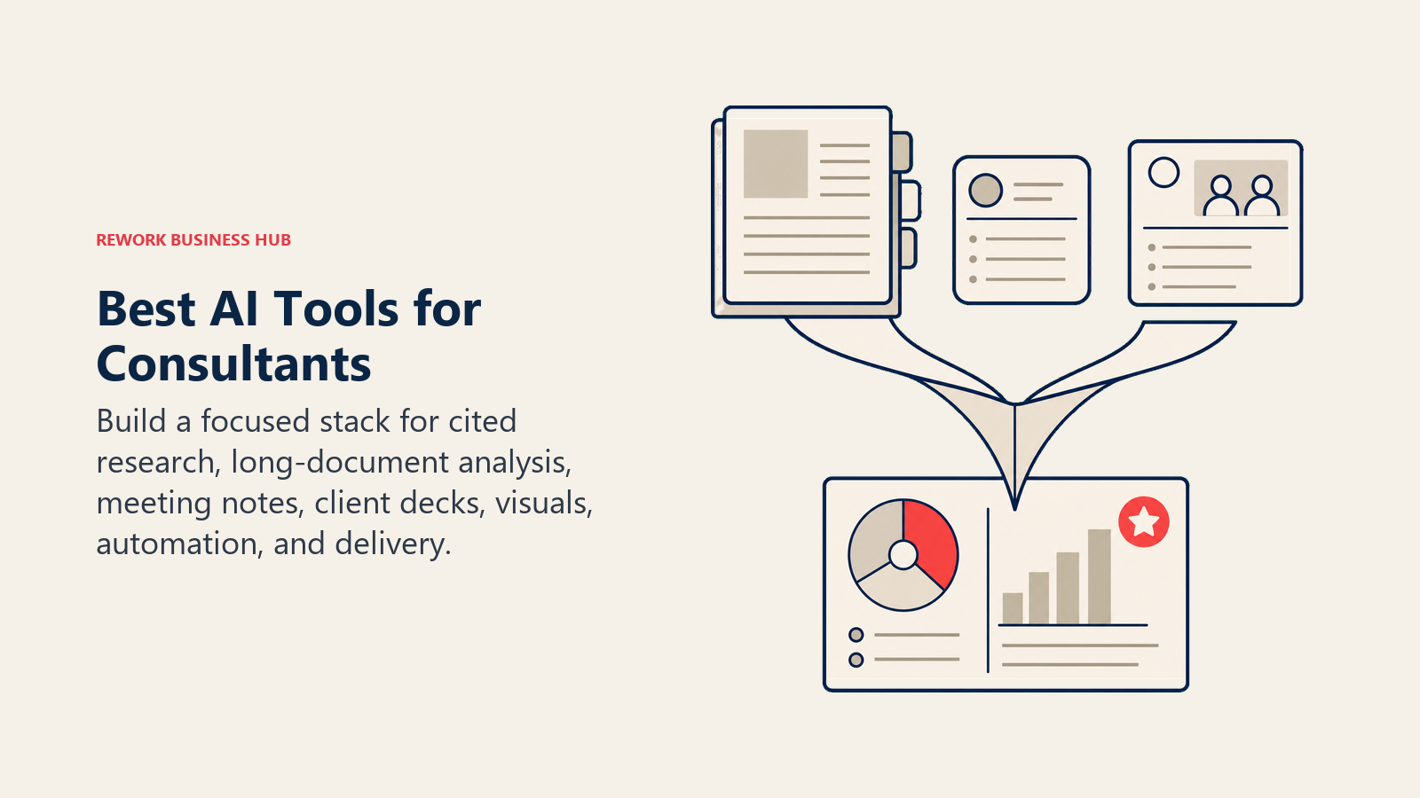 Best AI tools for consultants shown as a synthesis desk turning cited research and client notes into a recommendation