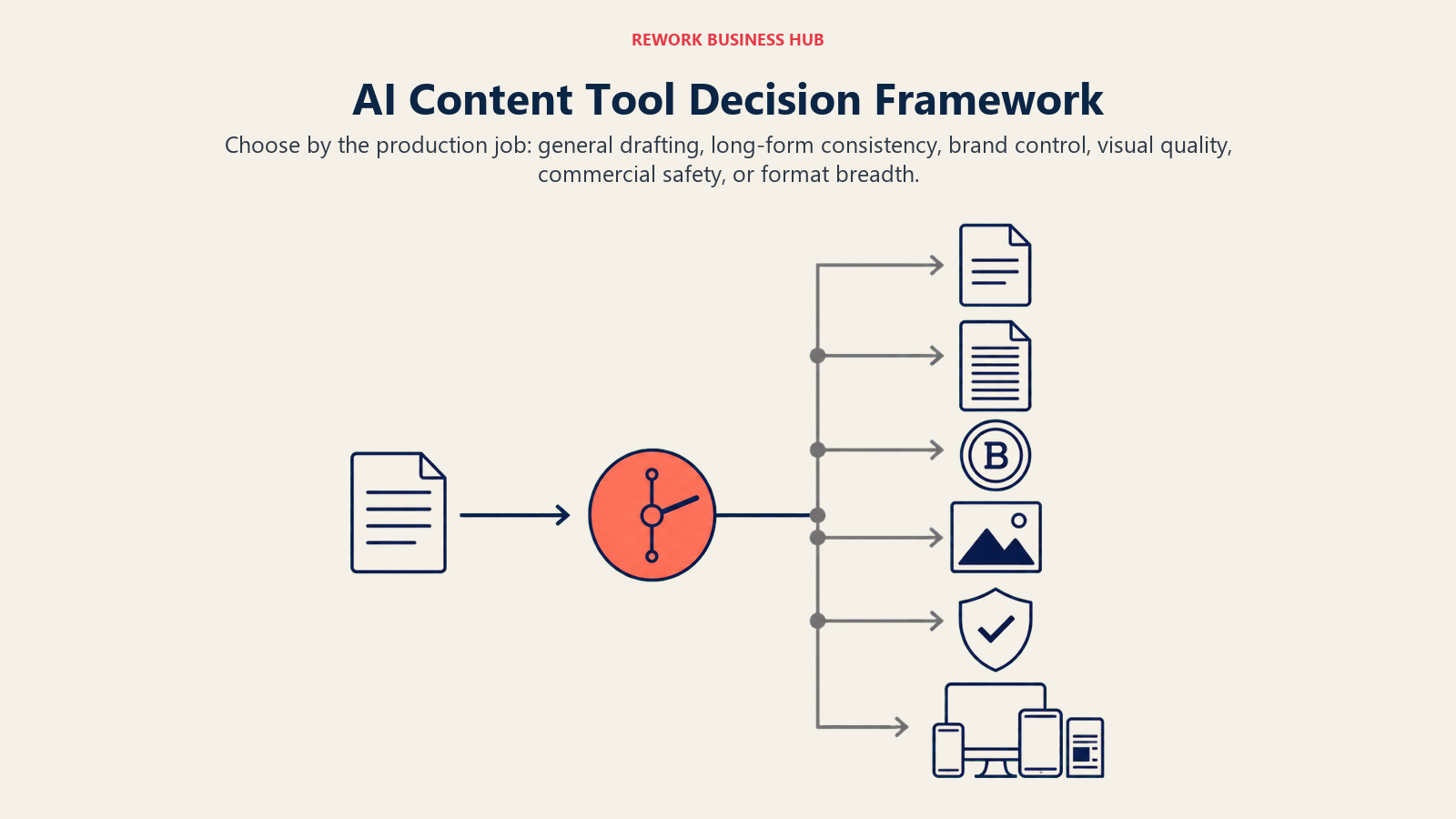 AI Content Tool Decision Framework shown as wide six-way decision selector