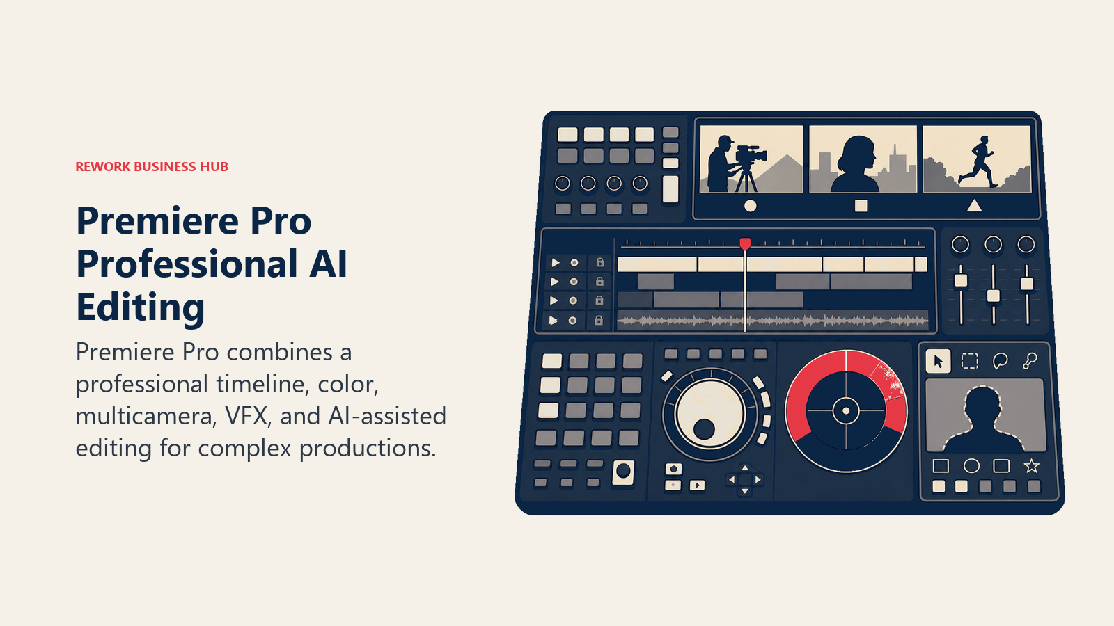 Premiere Pro professional AI editing console with timeline, color, multicamera, and masking controls
