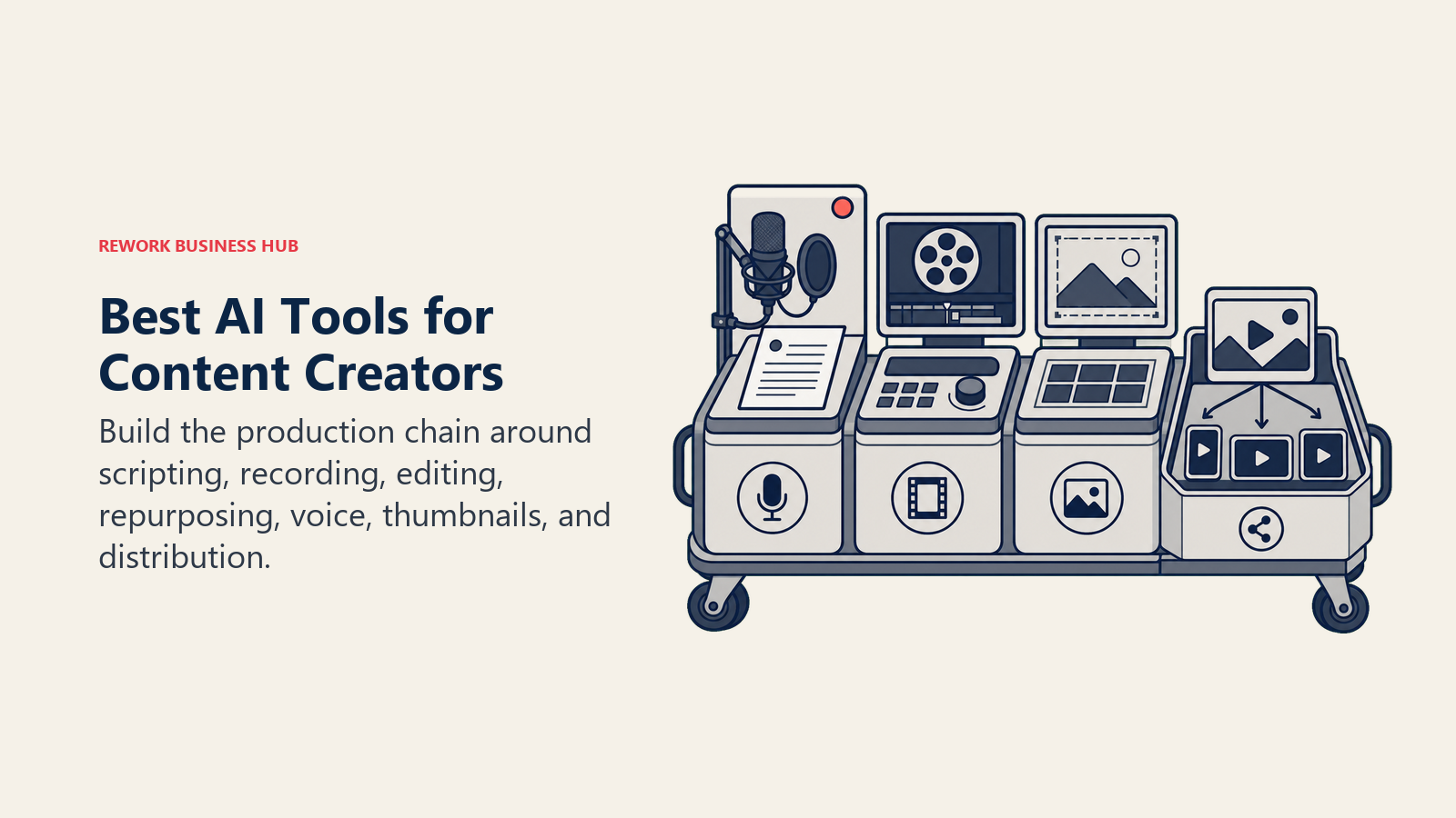 Best AI tools for content creators shown as a modular studio for scripting recording editing and distribution