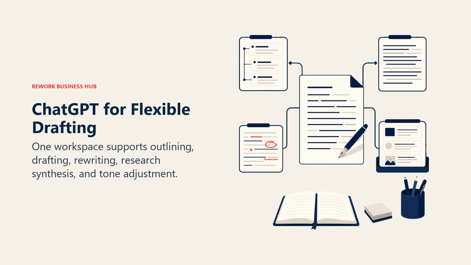 ChatGPT for Flexible Drafting illustrated as draft page moving through outline, draft, rewrite, and research modes