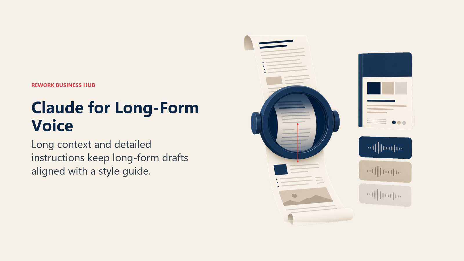 Claude for Long-Form Voice illustrated as long manuscript aligned through a memory lens with a style guide