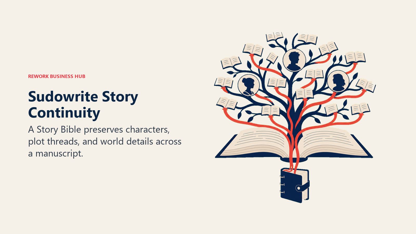 Sudowrite Story Continuity illustrated as novel manuscript branching through a story bible and plot threads