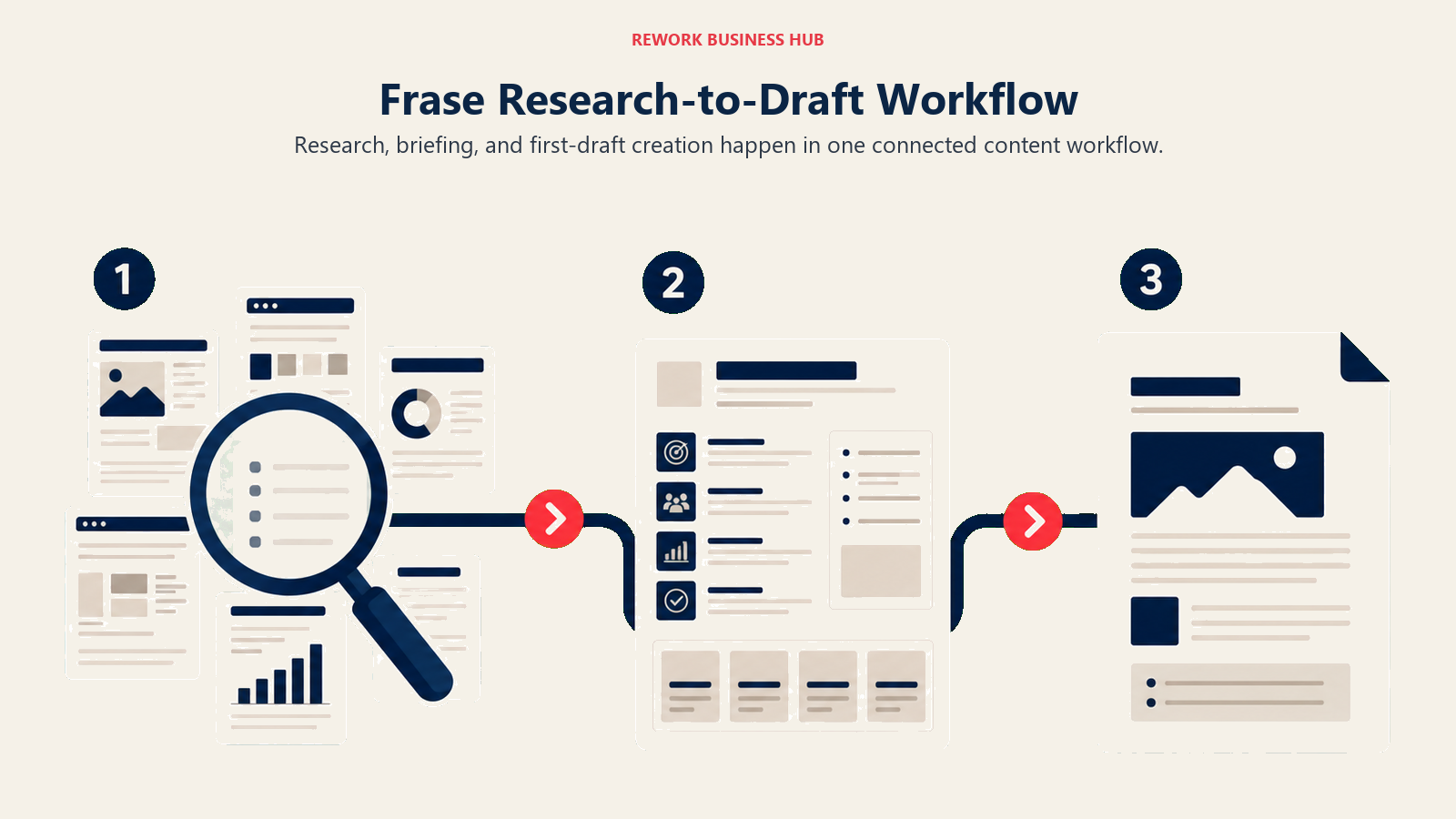 Frase Research-to-Draft Workflow illustrated as three-stage competitor research to brief to first draft pipeline