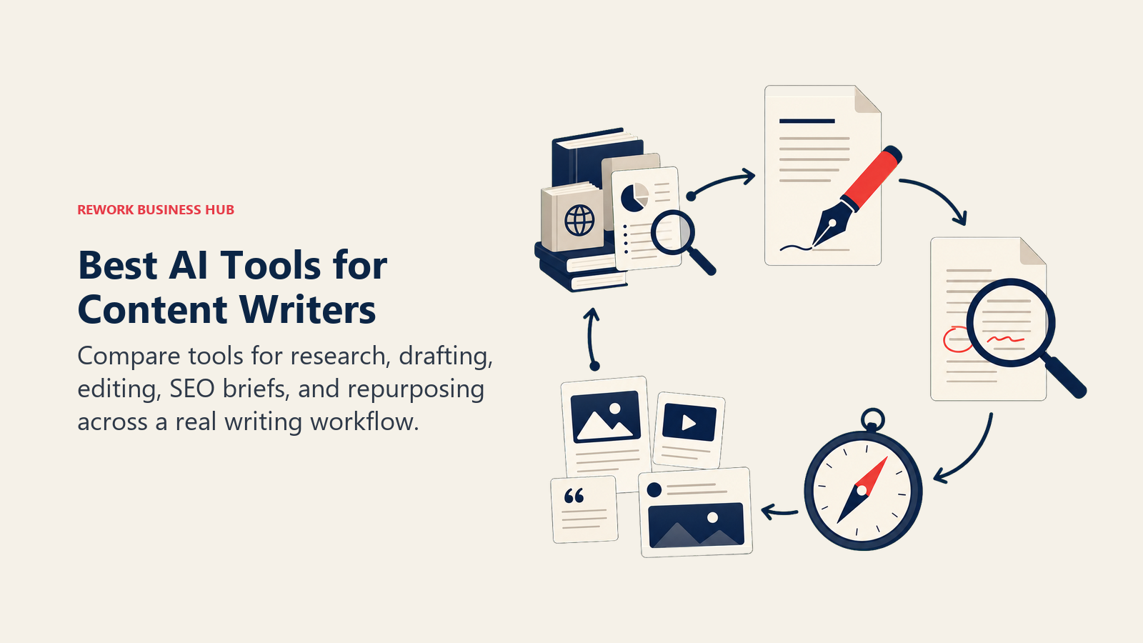 Best AI tools for content writers shown as research, drafting, editing, SEO, and repurposing workflow