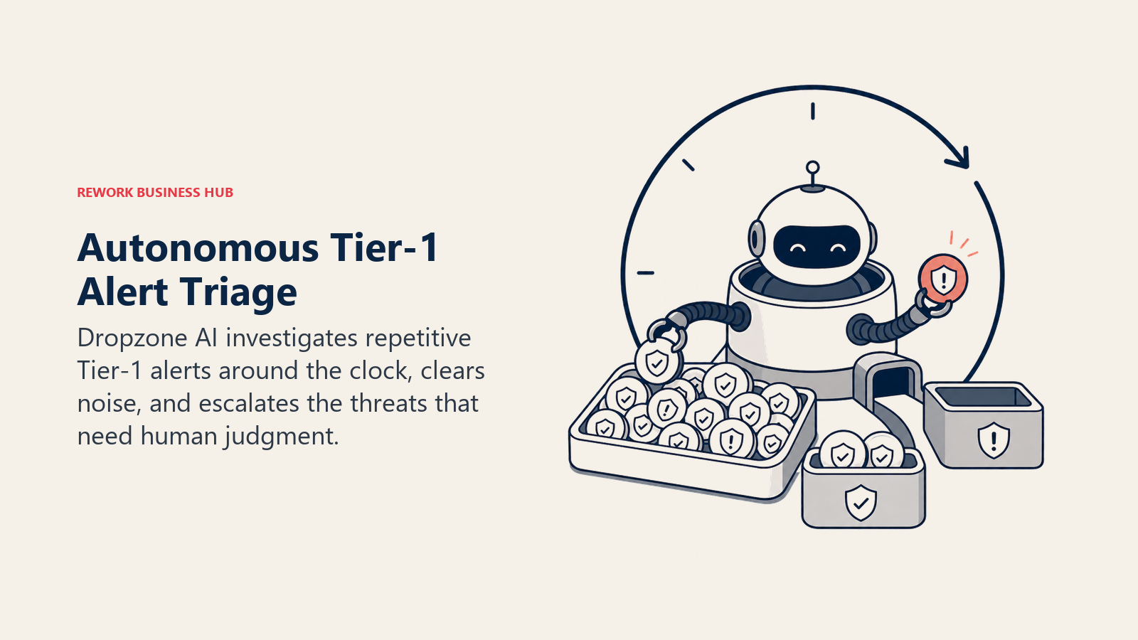 Autonomous Tier-1 Alert Triage, illustrated with always-on alert sorting pod with one escalated threat