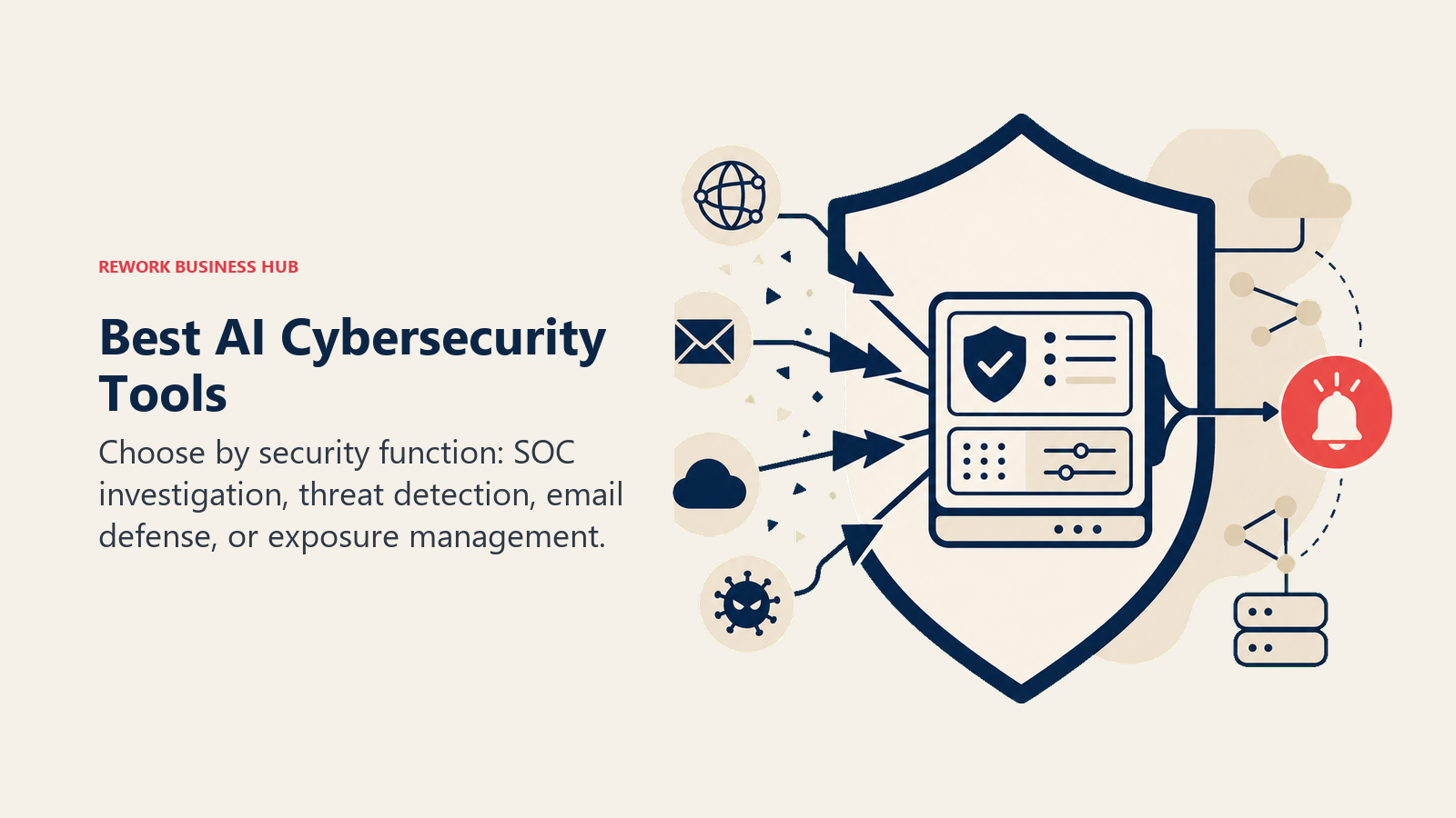 Best AI cybersecurity tools shown as a shield filtering threats into one actionable alert