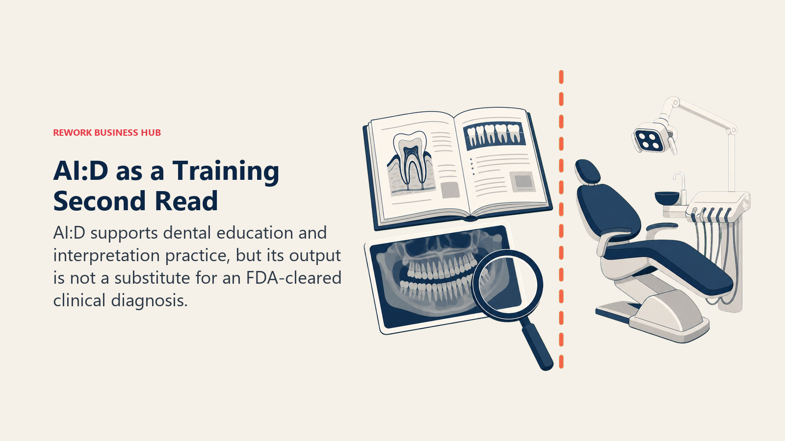 AI:D dental training second read shown as an education workbook and magnifier stopping at a clinical-use boundary