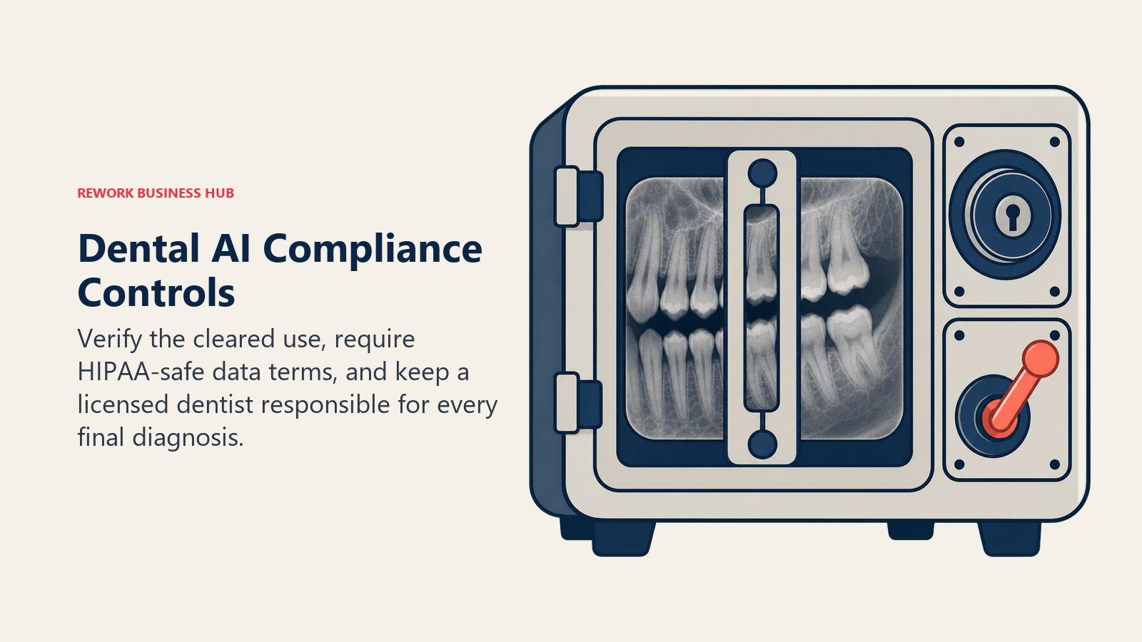 Dental AI compliance controls protecting a patient radiograph through scoped FDA clearance, HIPAA data terms, and dentist sign-off