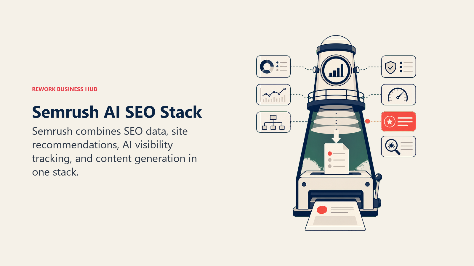 Semrush AI SEO Stack illustrated with SEO observatory lens feeding content press