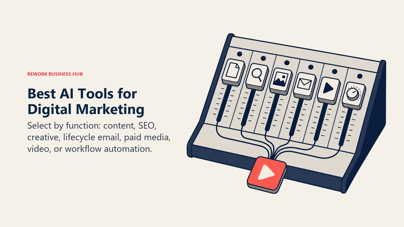 Best AI tools for digital marketing shown as a campaign console coordinating content search email video and automation