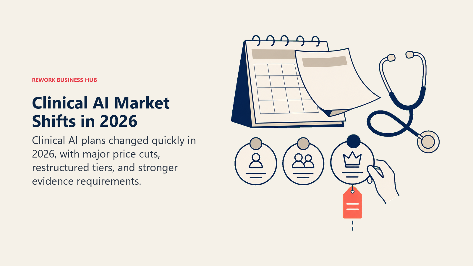 Clinical AI market shifts in 2026 shown by a clinic calendar and changing subscription plan tokens