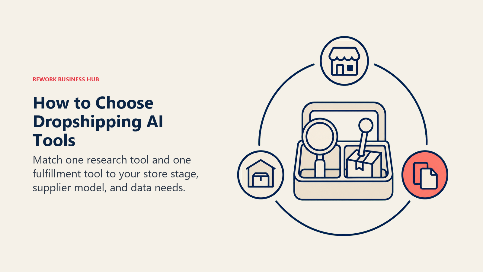 Dropshipping AI toolkit selecting one research lens and one fulfillment tool using three store filters