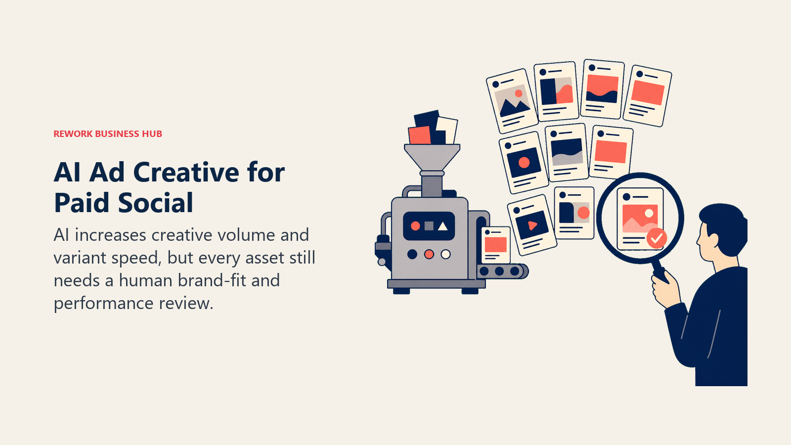 AI Ad Creative for Paid Social shown as ad-variant press with human approval loupe.