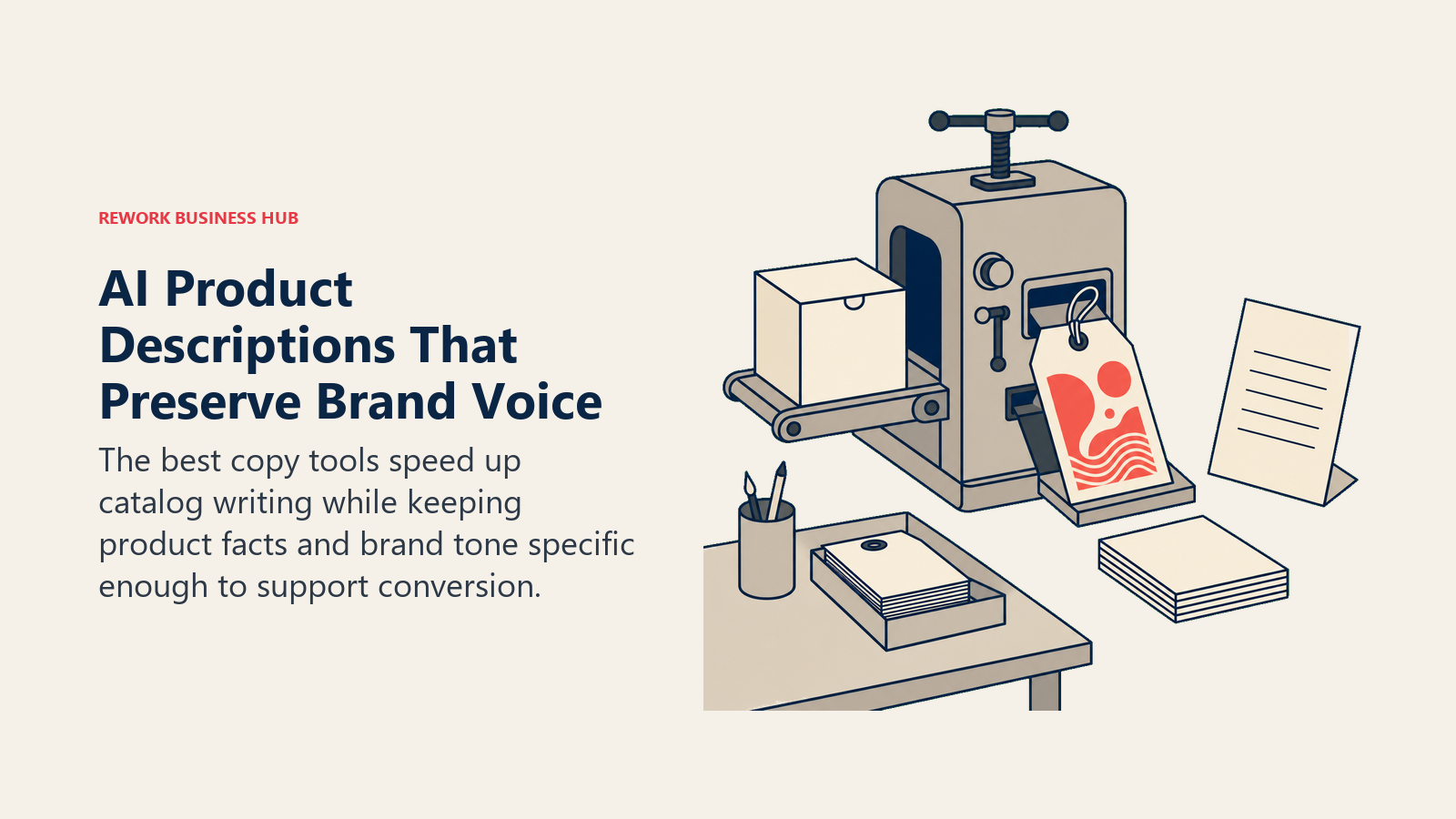 AI Product Descriptions That Preserve Brand Voice shown as brand-voice press creating a distinctive product tag.