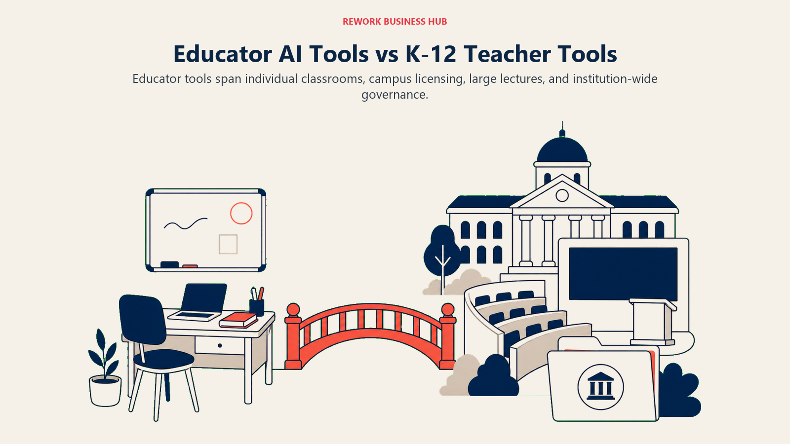 Educator AI Tools vs K-12 Teacher Tools illustrated with classroom desk beside campus system