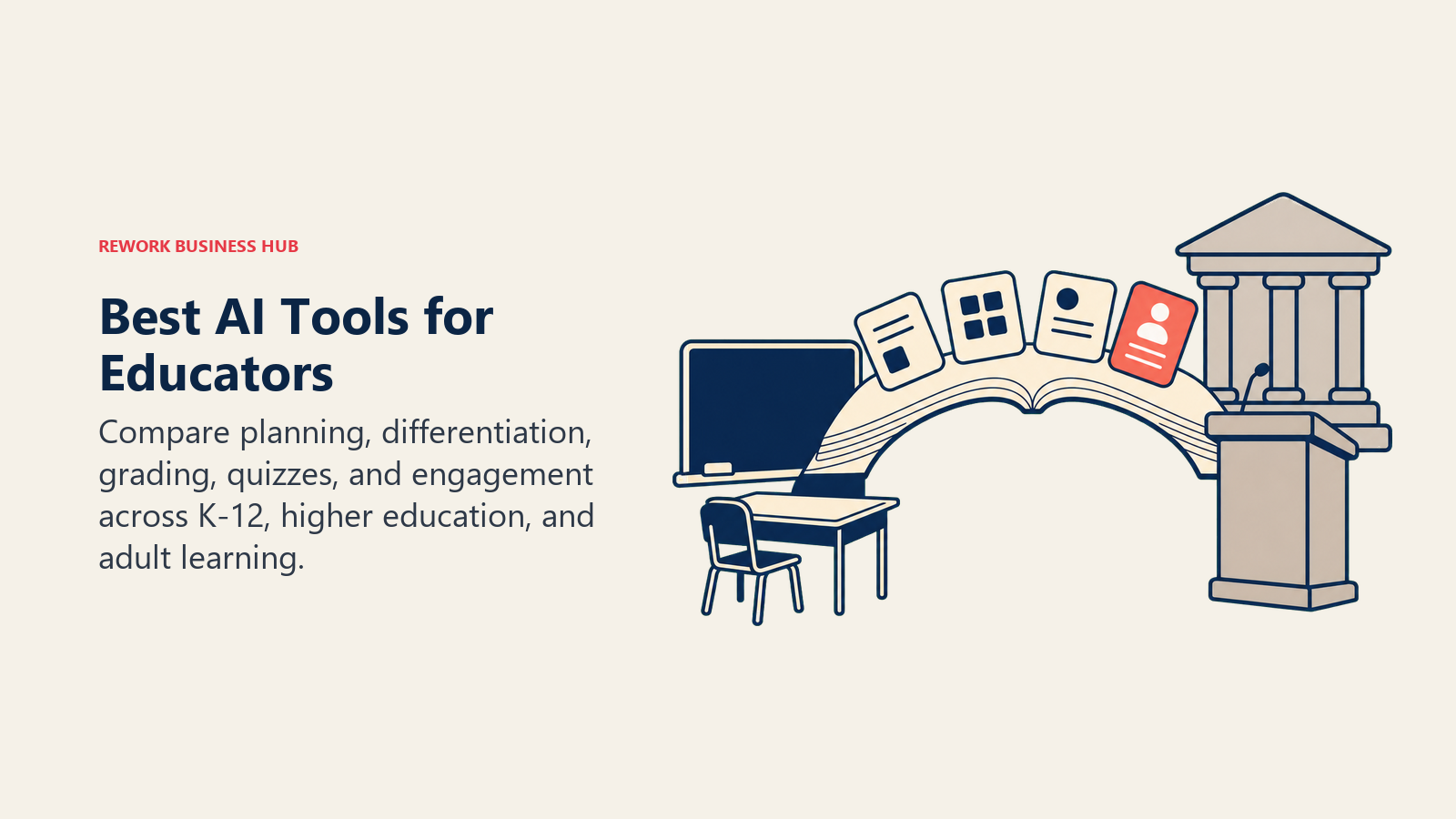Best AI tools for educators shown as an open lesson book bridging K-12 classrooms and higher education