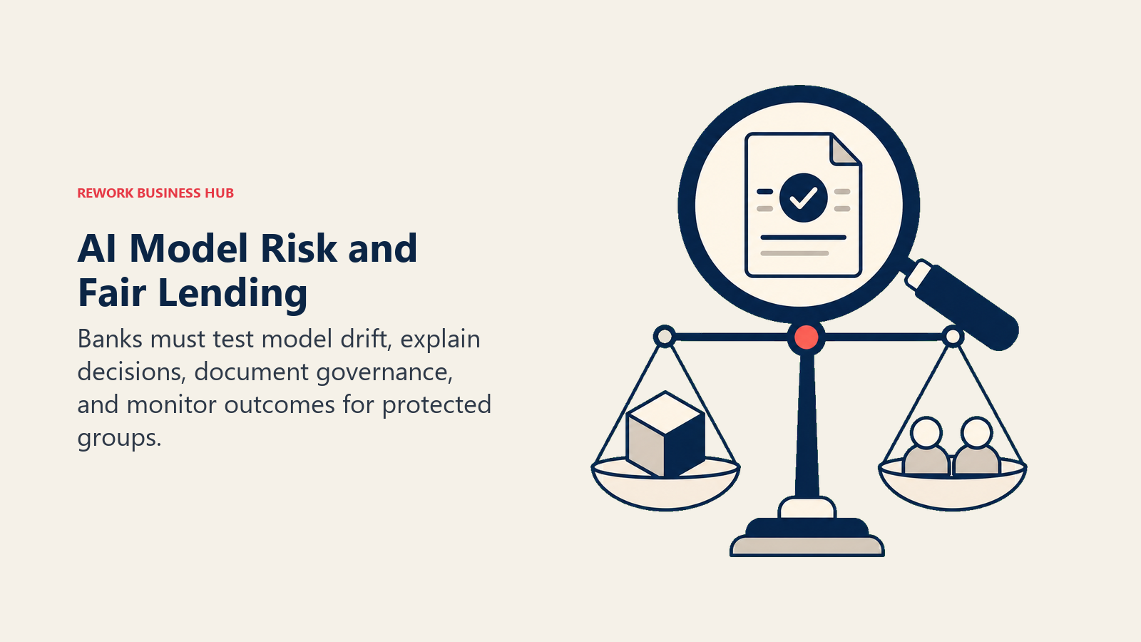 AI Model Risk and Fair Lending illustrated with balanced lending decision scale