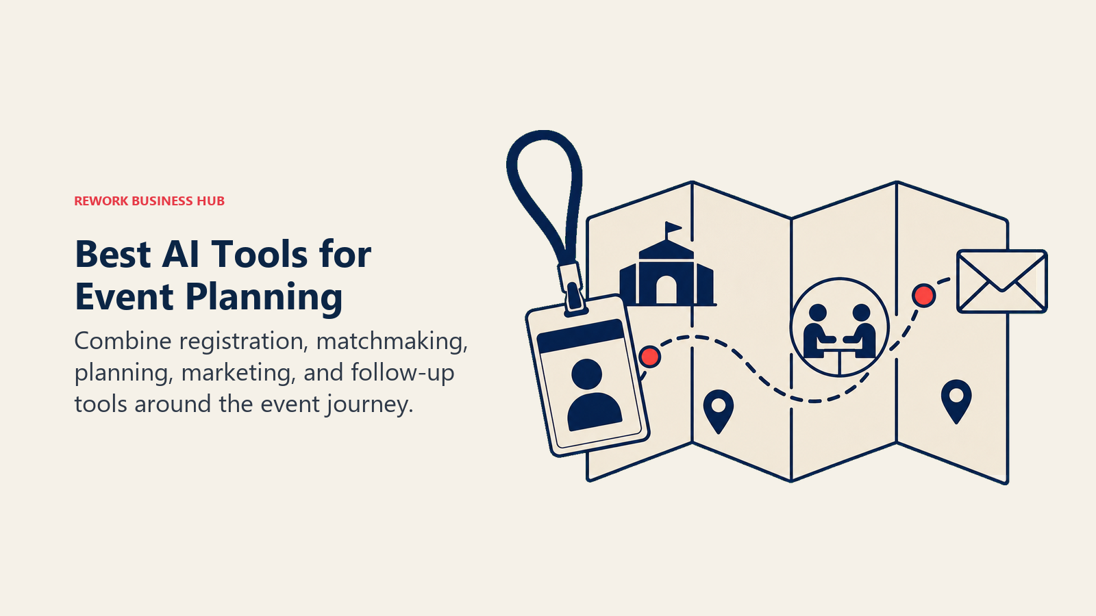 Best AI tools for event planning shown as an attendee badge moving from registration through matchmaking to follow-up