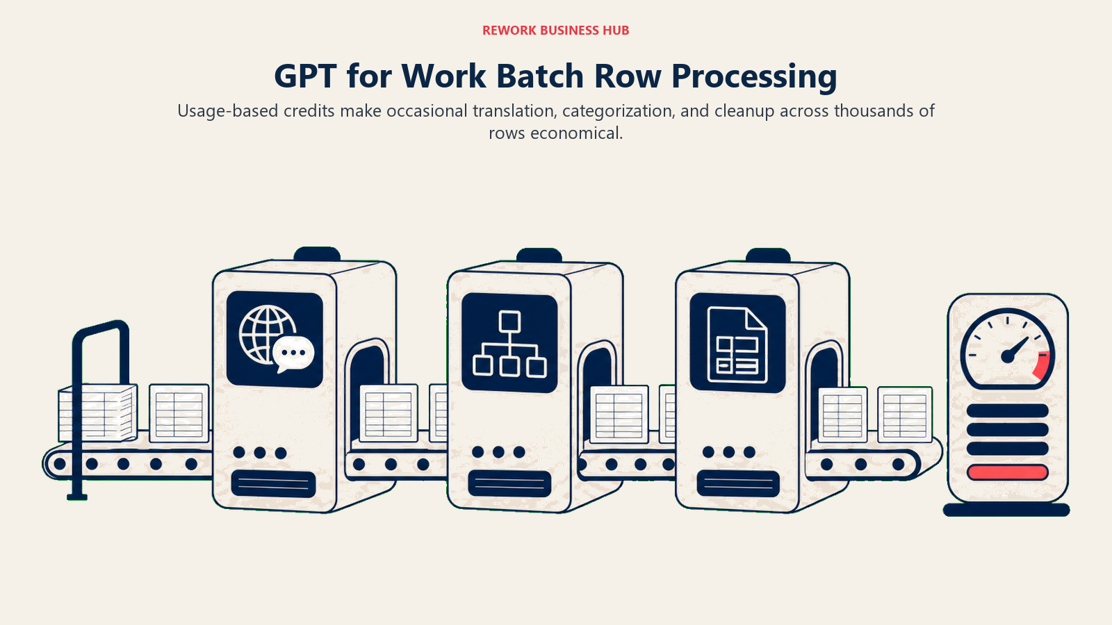 GPT for Work Batch Row Processing illustrated as wide conveyor processing thousands of spreadsheet rows