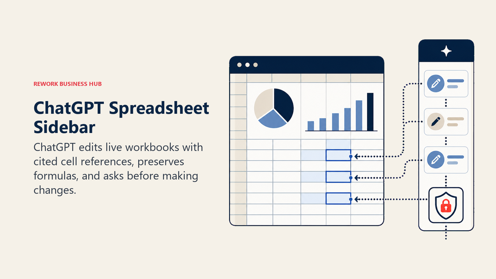 ChatGPT Spreadsheet Sidebar illustrated as assistant rail beside a protected workbook