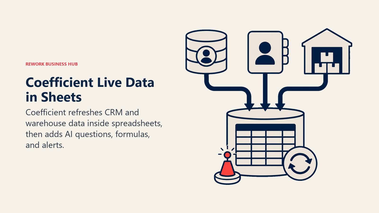 Coefficient Live Data in Sheets illustrated as live data pipes feeding a familiar workbook reservoir