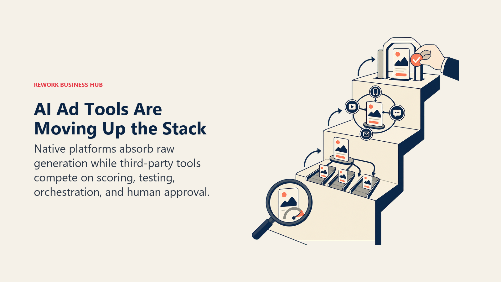 AI ad tools moving from raw generation to scoring, testing, orchestration, and human approval