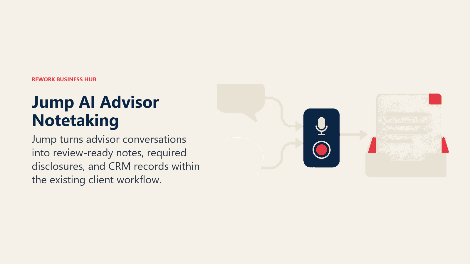 Jump AI advisor notetaking visual with meeting notes flowing into an archival CRM tray