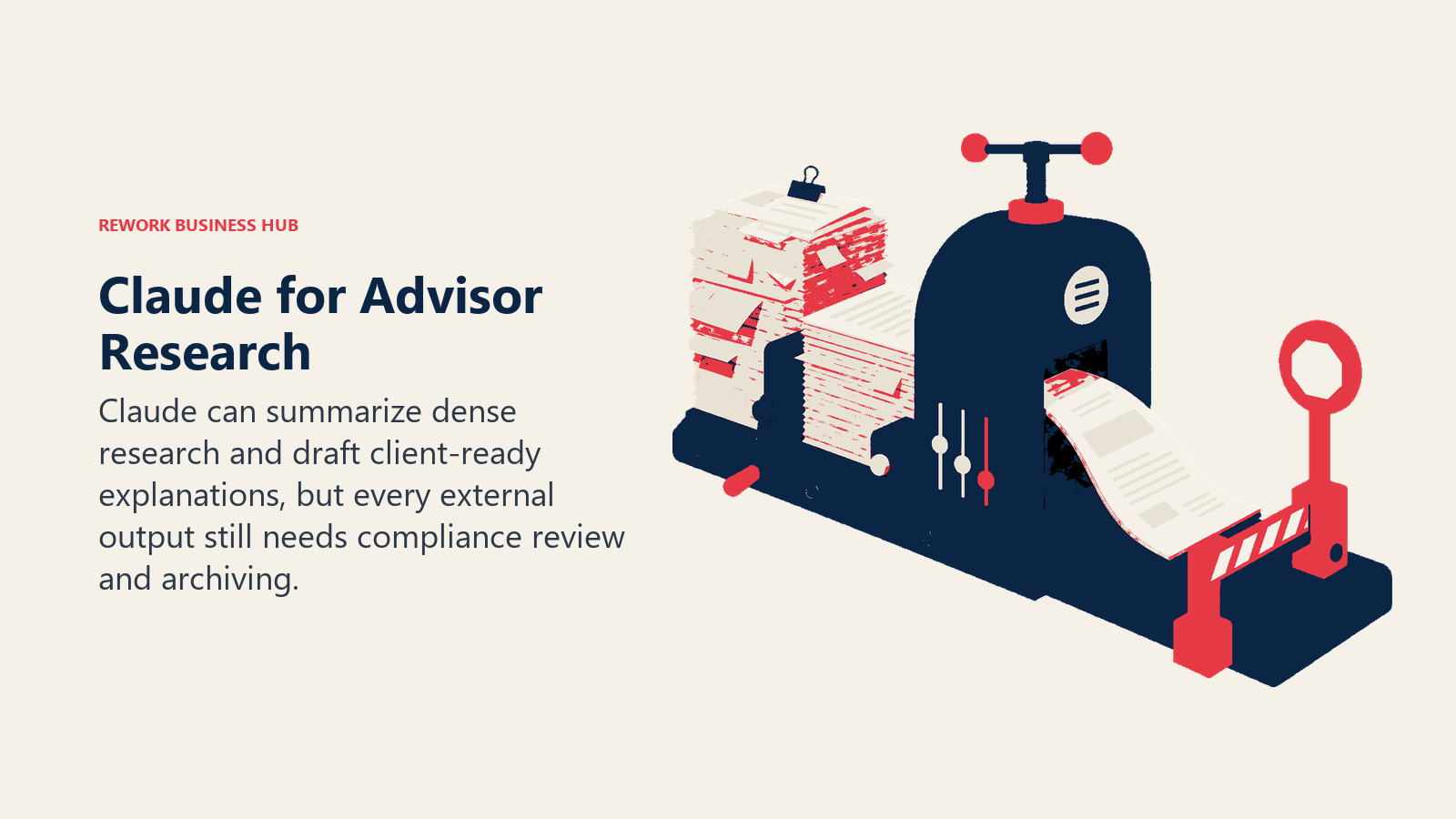 Claude for advisor research shown as dense research becoming a clear client letter at a compliance review gate