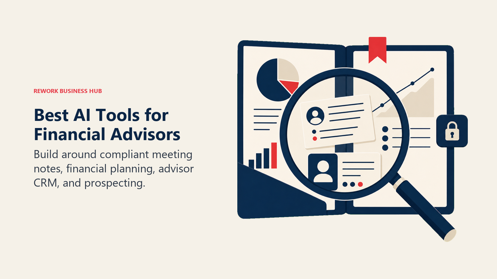 Best AI tools for financial advisors shown as compliant client notes and a portfolio viewed through a lens