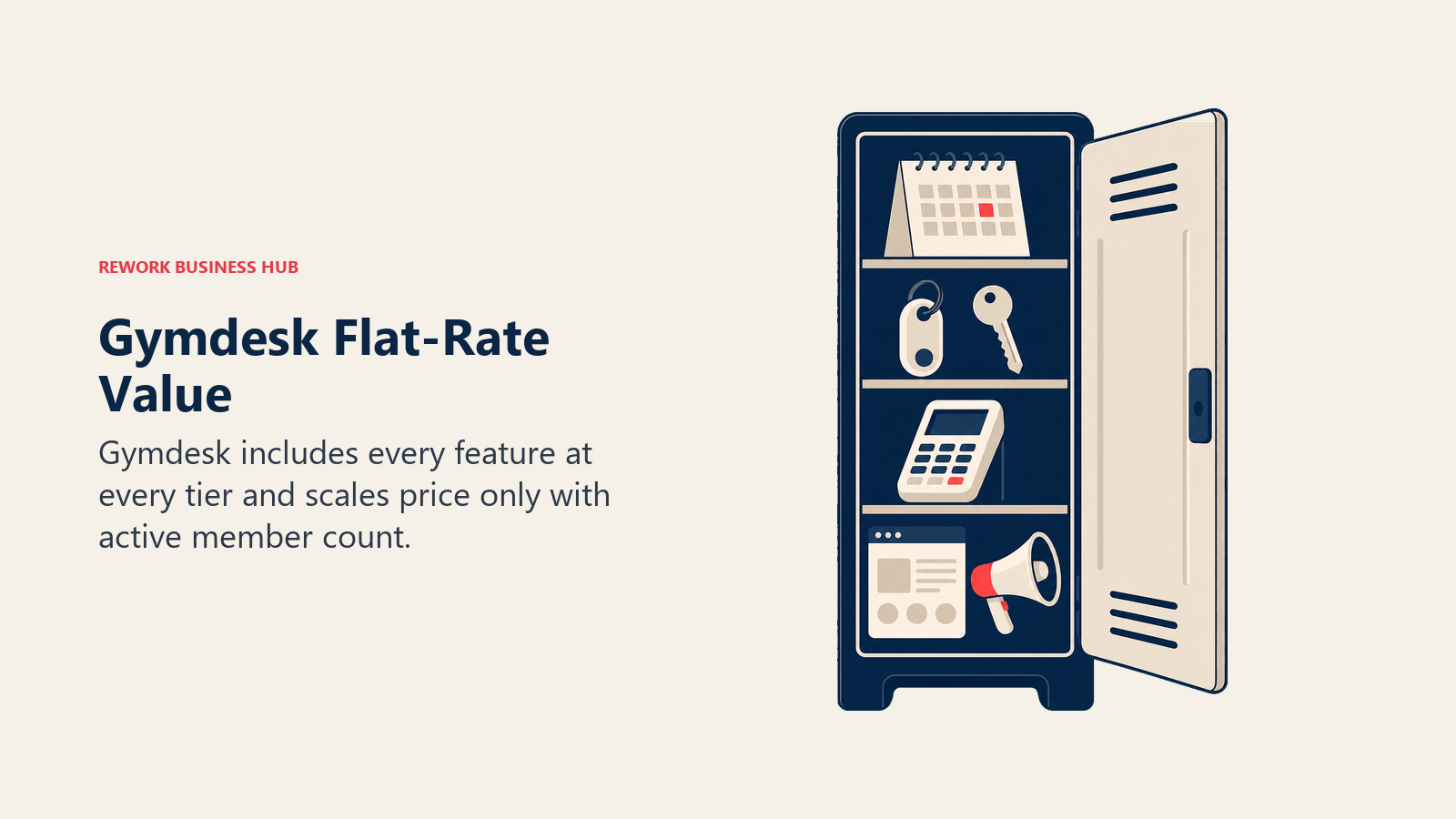 Gymdesk flat-rate value shown as one all-inclusive locker containing every studio tool
