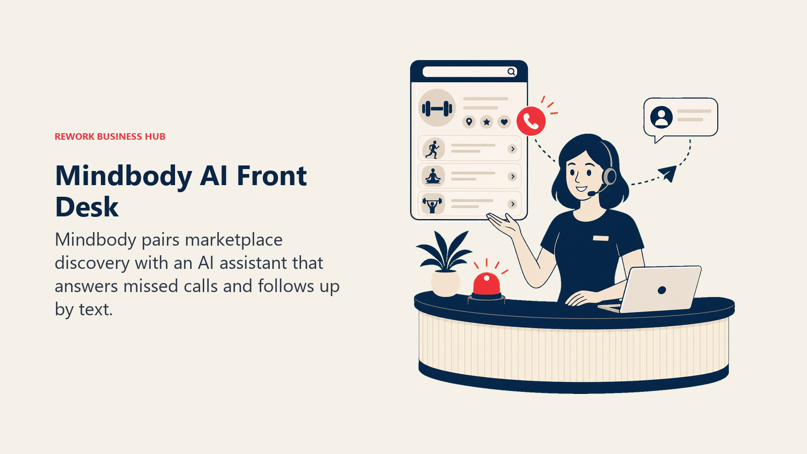 Mindbody AI front desk shown answering a missed call from a fitness marketplace lead