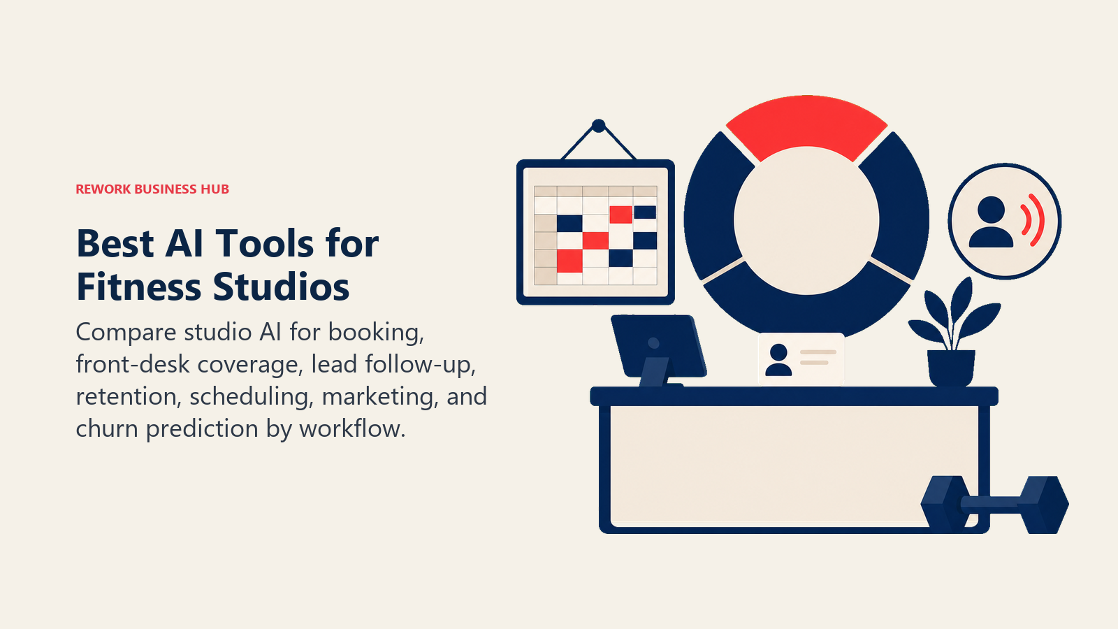 Best AI tools for fitness studios shown as a boutique front desk for booking, lead follow-up, retention, and churn prediction