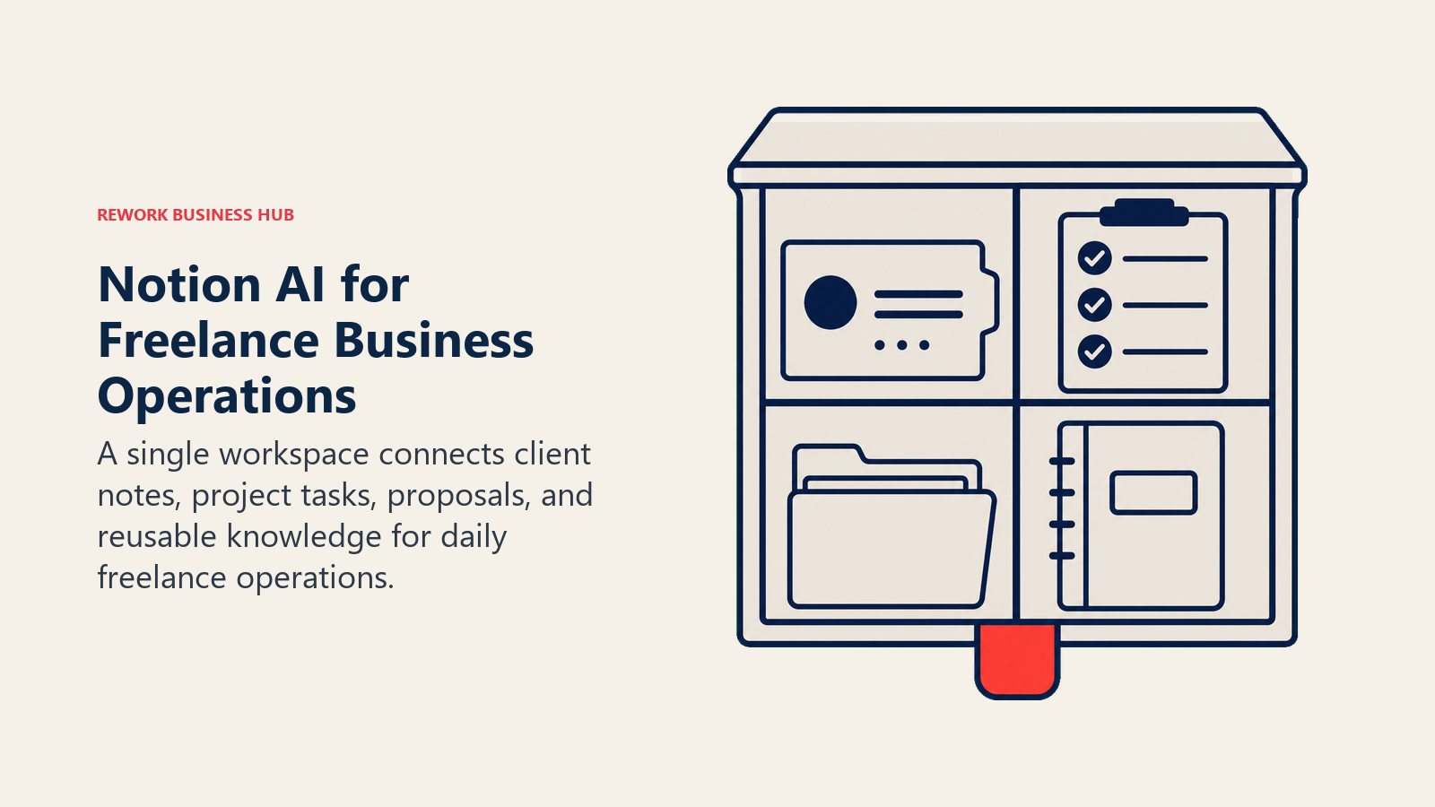 Unified workspace cabinet organizing freelance clients, projects, proposals, and knowledge